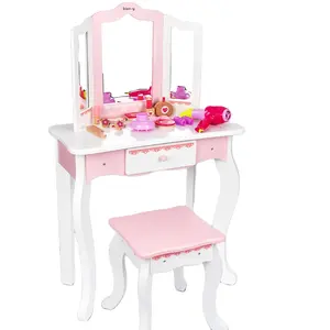 Wood Pretend Play Toy Education Kids Girl Makeup Gift Set Toy Wooden Pink Baby Dressing Table Toy Set
