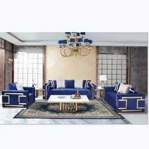 Winforce厂家直销现代金色饰面不锈钢天鹅绒面料舒适双人客厅沙发套装家具