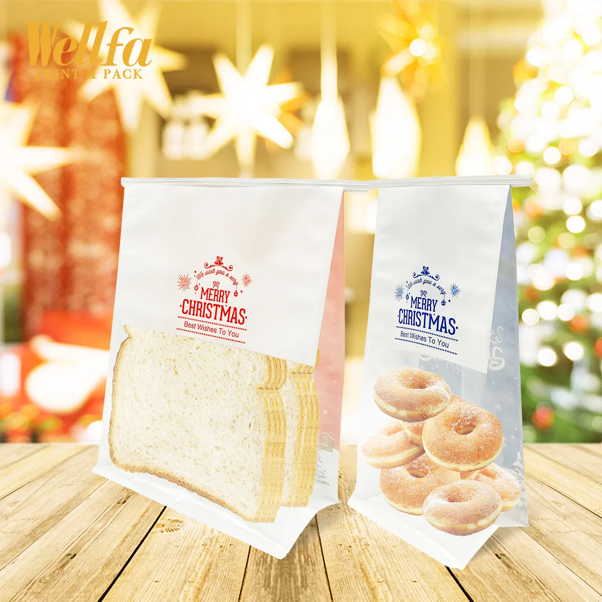 Hersteller Weihnachten Hot Sales Benutzer definierte wieder verwendbare quadratische Boden Kraft papier Sandwiches Toastbrot Verpackungs tasche mit Fenster