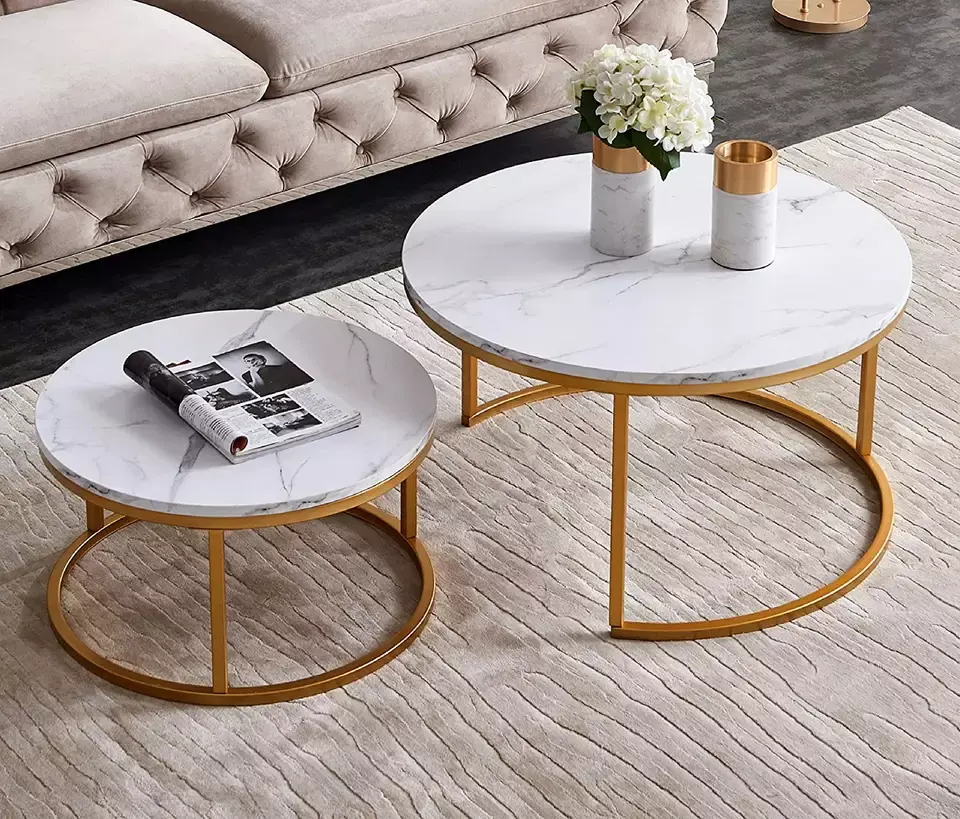 Conjunto de mesa de café, venda quente, design elegante, pernas de metal dourado, mdf, tabelas laterais redondas, para sala de estar, móveis
