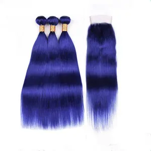 Extensiones de cabello humano Remy indio Virgen sin procesar, pelo lacio sedoso, mechones azules de 300g con cierre