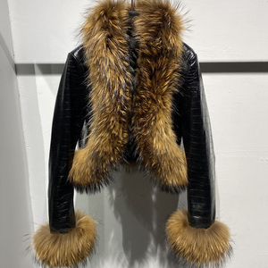 Chaqueta Corta de Cuero Genuino con Estampado de Cocodrilo Brillante Estilo Punk para Mujer, con Cuello de Piel de Zorro Plateado y <span class=keywords><strong>Pelo</strong></span> de Mapache - Product Image 5
