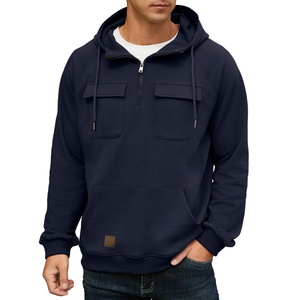 Sudadera con capucha tipo cargo para hombre, con cremallera de un cuarto, estilo táctico, informal, para gimnasio, atlética, holgada, 100% algodón, transpirable para verano - Product Image 4