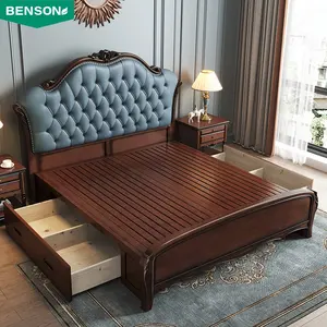 Tempat tidur kulit gaya klasik, tempat tidur pernikahan kamar tidur mewah Eropa Retro ukiran kayu padat tempat tidur ganda