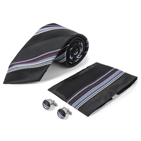 Classique soie belle rayure noire cravate poche carré tissu boutons de manchette luxe qualité cadeau boîte 3 pièces cravate ensemble pour hommes magasin
