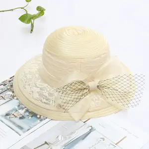Chapéu de sol feminino com laço de renda, chapéu de aba larga para casamento, moda verão, para igreja