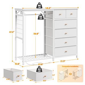 Cómoda Moderna Blanca para Dormitorio con Luces LED y Estación de Carga, 6 Cajones de Tela, Perchero de Hierro, Estilo Madera MDF para Almacenamiento en Sala de Estar - Product Image 4