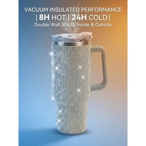 Gobelet isotherme à double paroi en acier inoxydable 304 de 40 oz avec strass, poignée, couvercle à paille et support pour porte-gobelet OEM - Product Image 3
