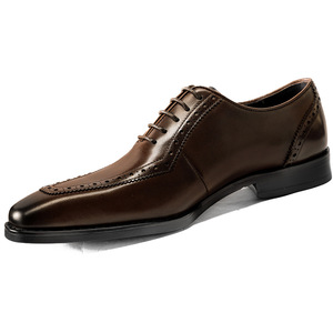 Chaussures habillées Oxford en cuir véritable marron à bout pointu, à lacets, motif uni, semelle extérieure en caoutchouc, pour toutes les saisons - Product Image 1