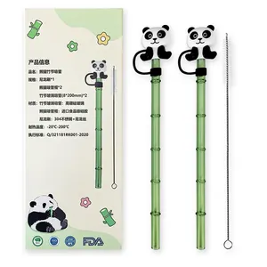 Set di paglia di vetro riutilizzabile ecologico con copertura in paglia di Panda cannuccia di vetro dritto per frappè