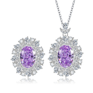 Conjunto de Joyería de Cobre para Mujer, con Colgante y Anillo Ovalados de Circonia Cúbica Morada de 10*14mm, Antideslustre, para Fiestas, Venta al Por Mayor - Product Image 1