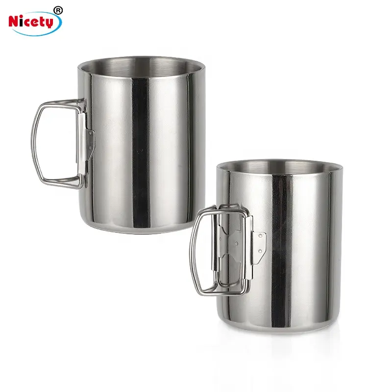 Nicety Cangkir Botol Stainless Steel, untuk Berkemah Solo dan Backpacking Mug Dinding Ganda dengan Pegangan Lipat