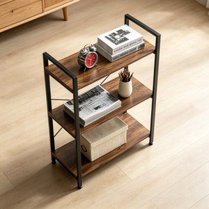Estante de exhibición de metal con acabado de <span class=keywords><strong>madera</strong></span> de 3 niveles con soporte en X y patas ajustables, estantería de almacenamiento para entrada - Product Image 6