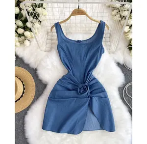 United States Wear With Female Pure Desire Quality Flowers Splicing Slim-Fit Fishbone Denim Dress Spice Girl Dress