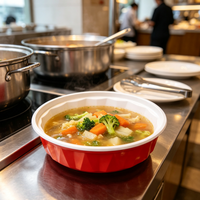 Bol à emporter en plastique rouge et blanc pour usage en restaurant, boîte d'emballage alimentaire résistante au congélateur avec couvercle transparent