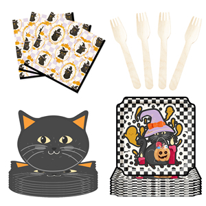 DAMAI Happy Halloween Paper Plates Set Halloween Cat Theme Party Decorations Paper Plates Cups Napkins for Kids Halloween Party - Product Image 4