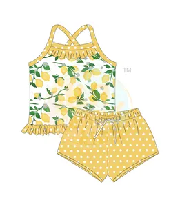 Maillot de bain 2 pièces pour filles jaune rose en gros ensemble de hauts à licou avec volant magnifique maillot de bain imprimé fleuri costume de plage pour enfants