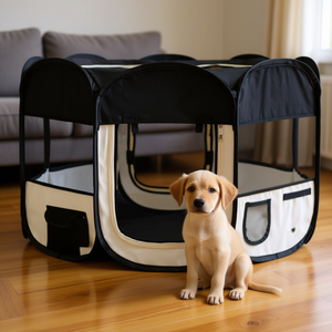 Recinto Pieghevole per Cani Nero Crema in Poliestere con Telaio in Acciaio per Intrattenimento Canino di Taglia Media - Product Image 2