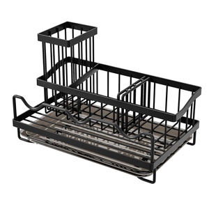 Porte-éponge auto-drainant Caddy d'évier de cuisine Organisateur de rangement d'évier <span class=keywords><strong>noir</strong></span> avec plateau d'égouttement amovible - Product Image 1