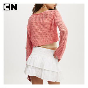 Cárdigan de punto calado con cuello en V de algodón rosa para mujer, diseño hueco, con certificación GRS, informal de invierno, con logo personalizado - Product Image 4