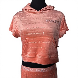 Ensemble haut à capuche à manches courtes et short décontracté imprimé au-dessus du genou en velours gaufré <span class=keywords><strong>Paris</strong></span> Hilton pour femme - Product Image 1