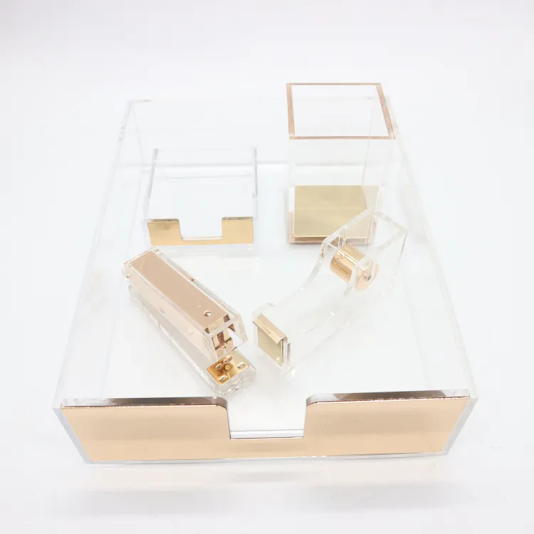 Clear Acrylic Gold Stationery Set Desktop Stapler Tape Dispenser Pen Pencil Holder Memo Notes Holders Staples Remover Kit