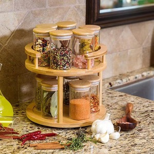 Wooden <b>Spice</b> Rack Double Layer Rotating Storage Organizer With Airtight <b>Jars</b> For Kitchen Countertop Use - Product Image 1