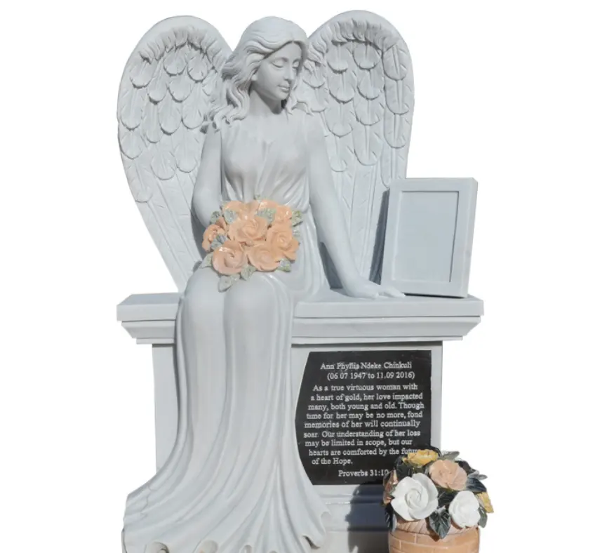 marble pieta sculpture for Decor Marble Stone headstone with angel wings White Sculpture Garden Marble Statue Resin Sculptures