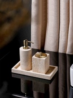 STONEKOCC Wabi Sabi Plateau en marbre naturel et travertin, Flacon de désinfectant pour les mains, Boîte à mouchoirs, Distributeur de savon, Ensemble de salle de bain