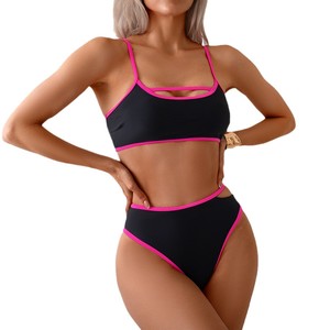 Conjunto de bikini con bloques de color y espalda descubierta para mujer, traje de baño de 2 piezas con ribetes en contraste, traje de baño para adultos - Product Image 5