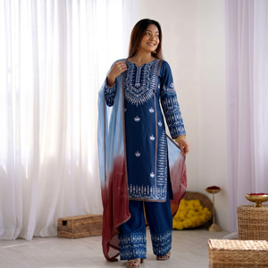 Conjunto de Kurta y Pijama de Algodón Tradicional para Mujer, con Dupatta, Estampado a Mano, Estilo India-Pakistán, Corte Holgado Informal - Product Image 1