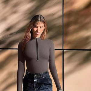Combinaison moulante côtelée sexy pour femme, à fermeture éclair sur le devant, manches longues, extensible, pour le sport, le fitness et le yoga - Product Image 6