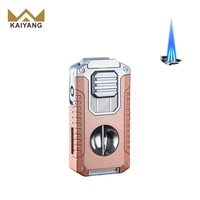 Allume-cigare à flamme 3 jets avec coupe-cigare en forme de V Briquet multifonctionnel portable avec poinçon à cigares