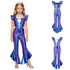 Girls Disco Costumes Metallic Jumpsuit Flared Ruffle Sleeve Square Neck Spandex Slim <b>Bodysuits</b> Stage Shows Custom - Product Image 2
