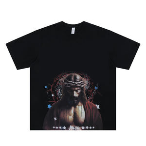 Camiseta de Manga Corta con Estampado de Retrato de Jesús, 100% Algodón, Corte Holgado, de Alta Calidad con Logotipo Personalizado - Exclusiva Inspiración Religiosa Vintage - Product Image 3