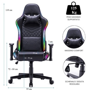 Chaise de jeu avec LED multicolores, similicuir, dossier et hauteur réglables, chaise de jeu avec appui-tête - Product Image 2
