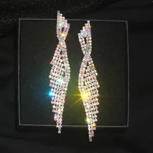 Luxury Bling Colorful Crystal Rhinestone Long Tassel Earrings For Women Bridal Big Drop Dangle Earrings Wedding Jewelry