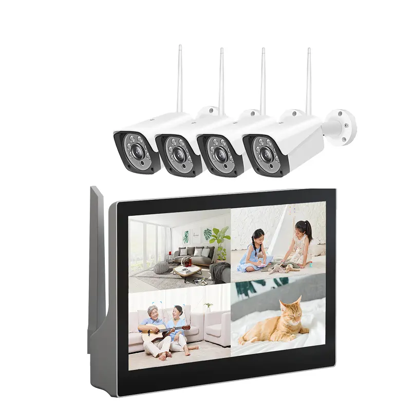 Security Screen DVR 10.1" LCD Monitor NVR Wifi Camera Kit 4CH 1080P Wireless CCTV System