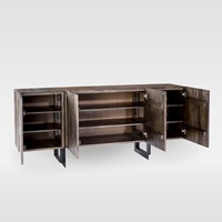 Buffet moderne français à 4 portes en bois massif avec base en fer forgé, idéal pour salon, cuisine, hôtel
