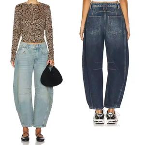 Nuevas llegadas: Jeans casuales de tiro bajo personalizados, de pierna ancha, holgados, rectos, lavados, estilo baggy para niñas. - Product Image 1