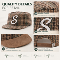 Casquette plate pied-de-poule en stock avec broderie 3D et sangle en cuir – Vente en gros pour boutiques de mode
