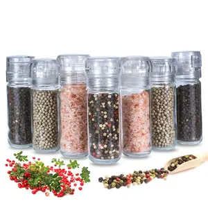 Competitive kitchen transparent plastic lid manual salt and pepper mills 100ml glass grinding bottles spice shaker grinder