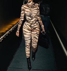 Viviblook Z0203JP <b>Women</b> Sexy Stretch Skinny Streetwear Tiger Print High Neck Full Sleeve One Piece <b>Jumpsuit</b> - Product Image 1