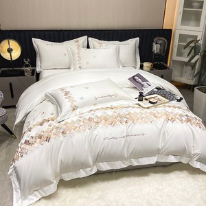 Ánh Sáng Sang Trọng 100% Bông Vàng Quilt Bìa Cao cấp Màu Trắng Thêu Gối Trường Hợp 4-Mảnh Bộ Đồ Giường Bộ Nhà Sản Xuất - Product Image 5