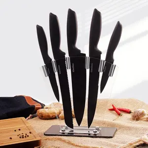 Set di 6 coltelli da cucina con lama rivestita nera antiaderente con blocco acrilico in acciaio inossidabile ABS