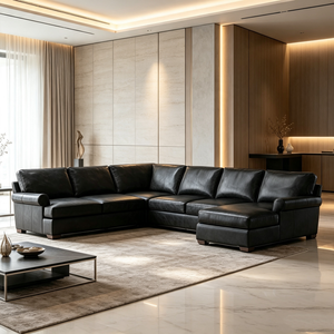 Sofá Seccional Modular de Cuero para Sala de Estar, Estilo Vintage con Brazos Enrollados, 6 Asientos, Chaise Longue, Cojines Suaves, Sofá de Cuero Genuino - Product Image 1