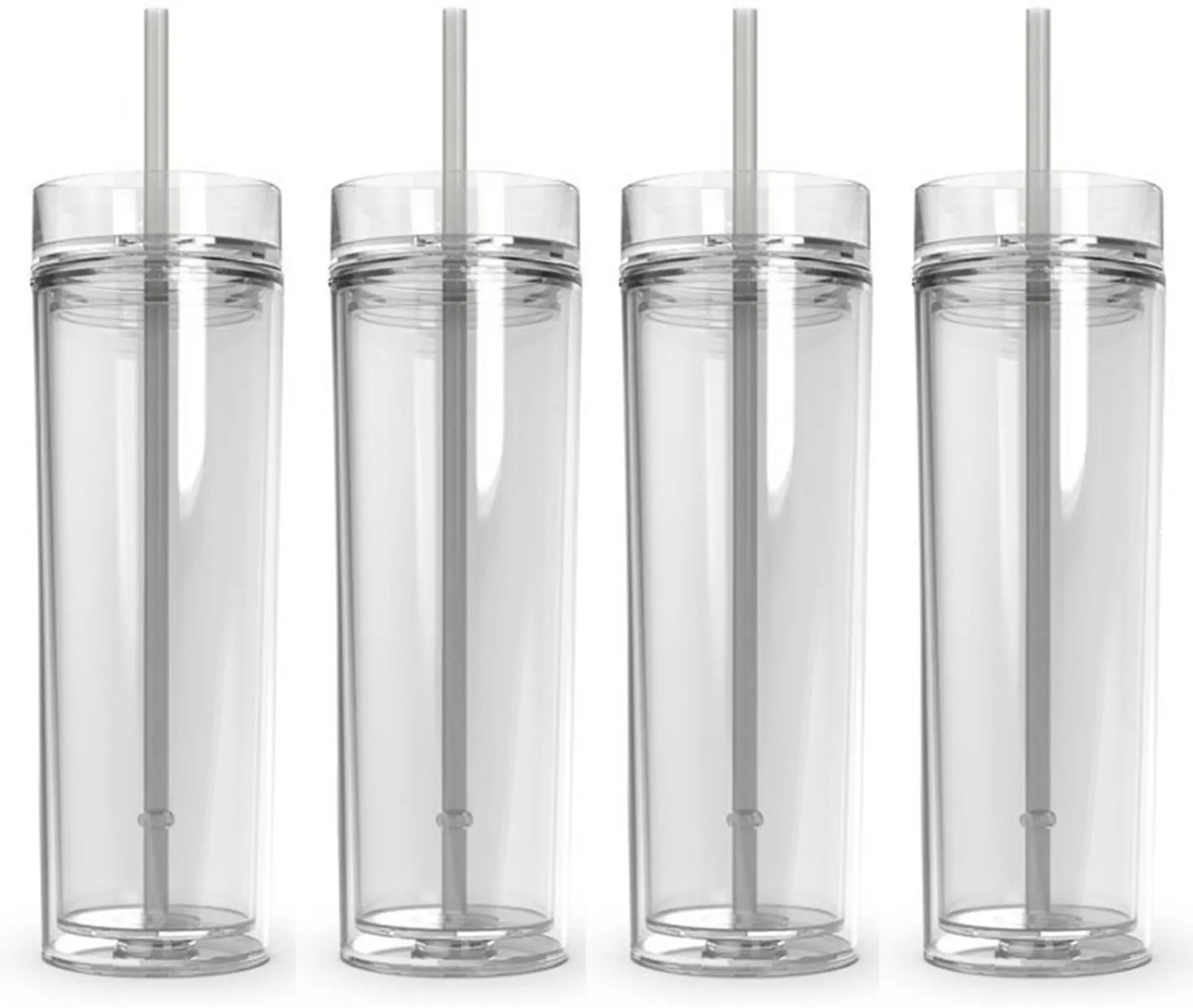 Vasos acrílicos rectos de plástico transparente con pajita y tapa, vasos de café de doble pared, ajustados, personalizados, 16oz