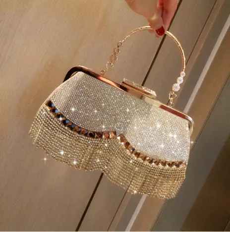 Hot Sale Diamond Fashion Elegant Crystal Clutch Bag Evening Rhinestone Lady Handbags with Tassels