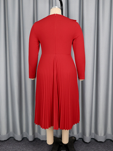 AM050710 autunno elegante 3D manica lunga con volant impero una linea plissettata Plus Size rosso Midi formale abito Casual da donna - Product Image 6