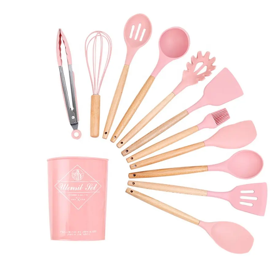 Classical 11 piece Camping Cooking Tools Pink Silicone Kitchen Utensil set